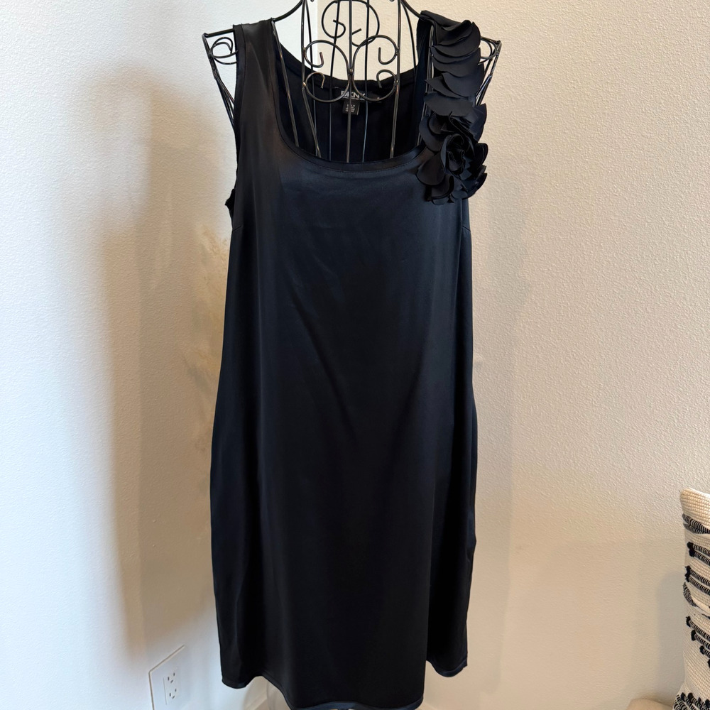 DKNY Black Silk Embellished Flower Strap Sleeveless Classic Tank Mini Dress